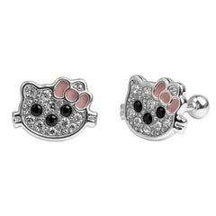 Arete Broquel Kitty con Cristales y Moño Esmaltado Plata .925