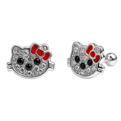 Arete Broquel Kitty con Cristales y Moño Esmaltado Plata .925