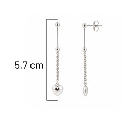 Arete Largo con Corazón y Cadena Trenzada, Plata .925