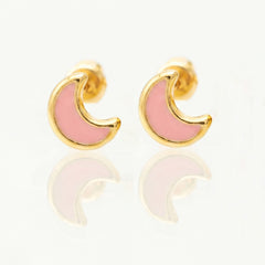Broquel Arete Luna con Esmalte Rosa Oro 10k con Bolita
