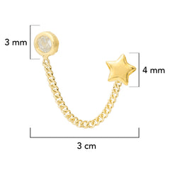 Arete Piercing Doble Estrella con Cadena y Circonia Oro 10k con Bolita
