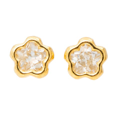 Broquel Arete Flor Biselada Mediana con Circonia Blanca Oro 10k con Bolita
