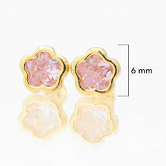 Broquel Arete Flor Rosa Biselada Mediana con Circonia Blanca Oro 10k con Bolita