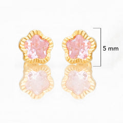 Broquel Arete Flor Rosa Biselada Diamantada con Circonia Rosa Oro 10k con Bolita