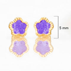 Broquel Arete Flor Morada Biselada Diamantada con Circonia Rosa Oro 10k con Bolita