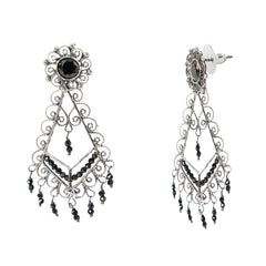 Aretes Filigrana Rombo 6 cm Flor Circonia y Piedra Onix Hecho a Mano Plata .925 Oxidada