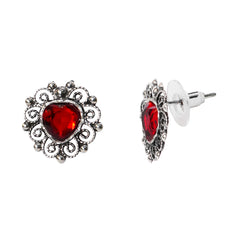 Aretes Filigrana Corazón Chico 2 cm Circonia Roja, Hecho a Mano Plata .925 Oxidada