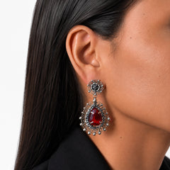 Aretes Filigrana 5 cm Gota y Circulo con Circonia Roja y Piedra Gris Hematite Hecho a Mano Plata .925 Oxidado