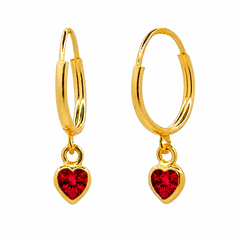 Arracada Circonia Corazón Rojo Colgante 1.5cm Oro 10K
