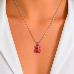 Dije Oso 1:1 Bombeado Macizo Bañado en Esmalte Rosa, Plata 925