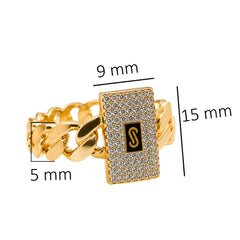 Anillo Mónaco Chain Original Cadena Cubana con Rectángulo Circonias, Oro 14K
