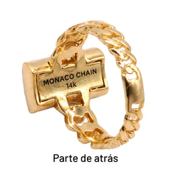 Anillo Mónaco Chain Original Cadena Cubana con Rectángulo Circonias, Oro 14K