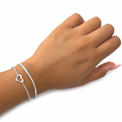 Pulsera Doble Cadenas Panza de Vibora y Eslabones con Dije Silueta de Corazon Plata .925
