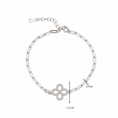 Pulsera Trebol con Micro Circonias y Cadena Paper Clip Plata .925
