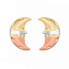 Broquel Arete Luna con Cara Arenada Oro Florentino: Dorado, Rosa y Plateado, Oro 10k con Bolita