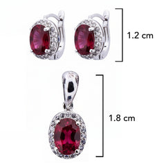 Juego Piedras Preciosas Rubí Aretes y Dije Ovalados, Plata .925 con Baño de Rodio