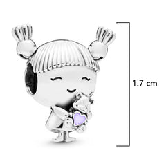 Charm Inspirado Pan 1:1 Niña con Colitas Corazón Morado Plata .925