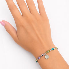 Pulsera Ajustable de Hilo con Ojo Turco de Colores, Cristales y Dije de San Benito Plata .925