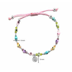 Pulsera Ajustable de Hilo con Ojo Turco de Colores, Cristales y Dije de San Benito Plata .925