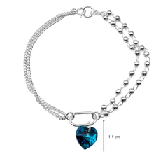 Pulsera Doble Cadena Cubana y Bolitas Lisas con Swarovski Azul Plata .925
