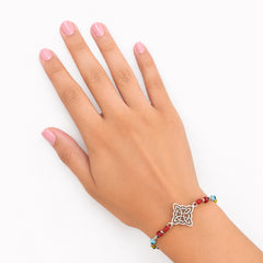Pulsera Ajustable de Hilo Rojo con Nudo de Bruja y Ojo Turco de Colores Plata .925