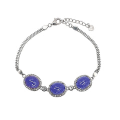 Pulsera Piedras Preciosas 3 Amatistas Ovaladas con Circonias y Cadena Box, Plata .925 con Baño de Rodio