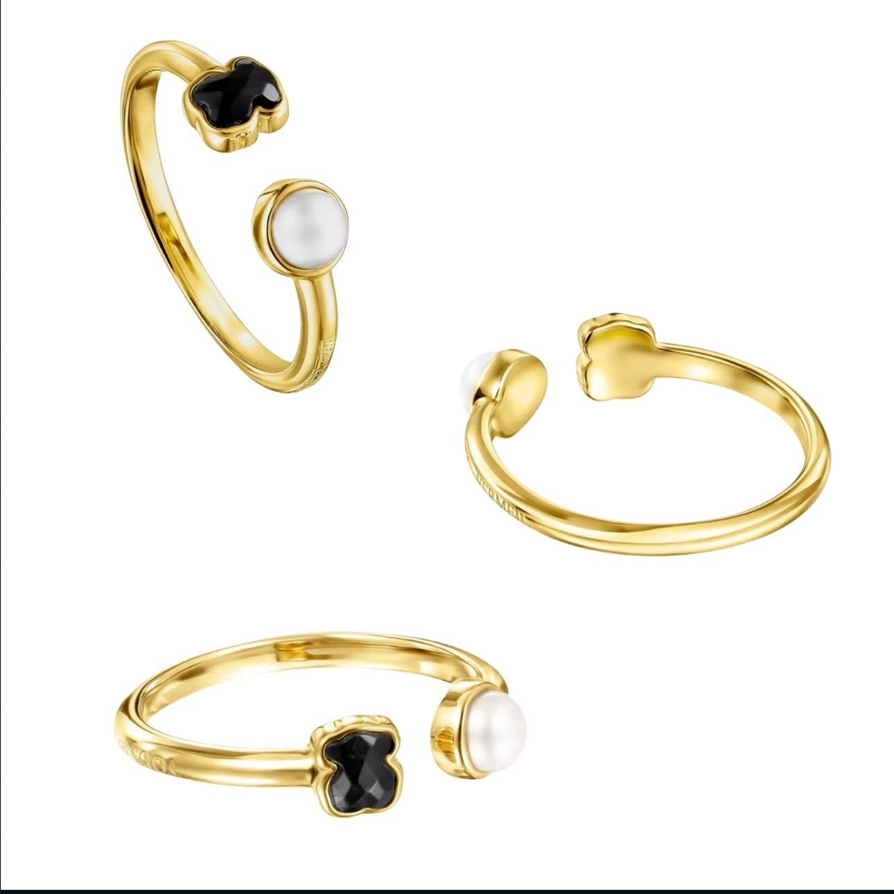 Anillo Oso 1:1 Onix Facetado y Perla de Río Plata .925 con Baño de Oro 18 k