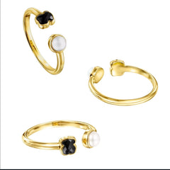 Anillo Oso 1:1 Onix Facetado y Perla de Río Plata .925 con Baño de Oro 18 k