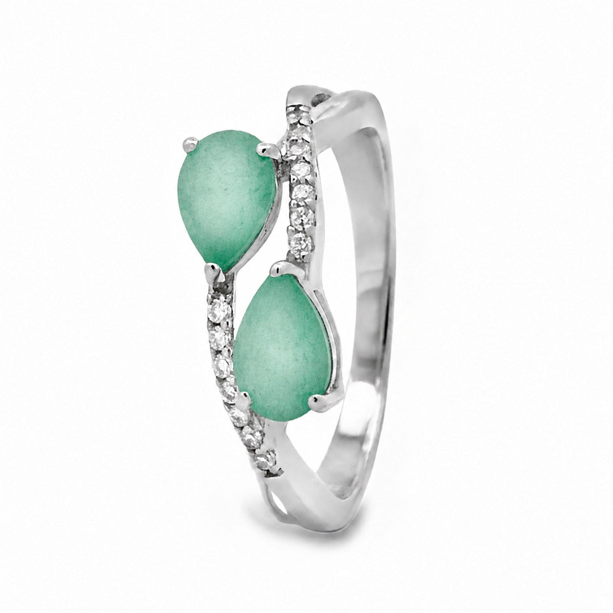 Anillo Piedra Preciosa Esmeraldas Enlazadas con Circonias, Plata .925 con Baño de Rodio