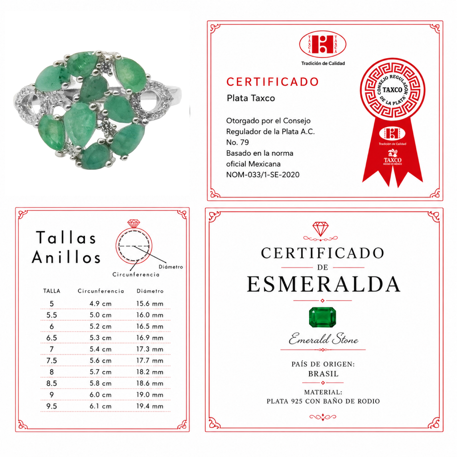 Anillo Piedras Preciosas Circulo de Esmeraldas con Circonias, Plata .925 con Baño de Rodio