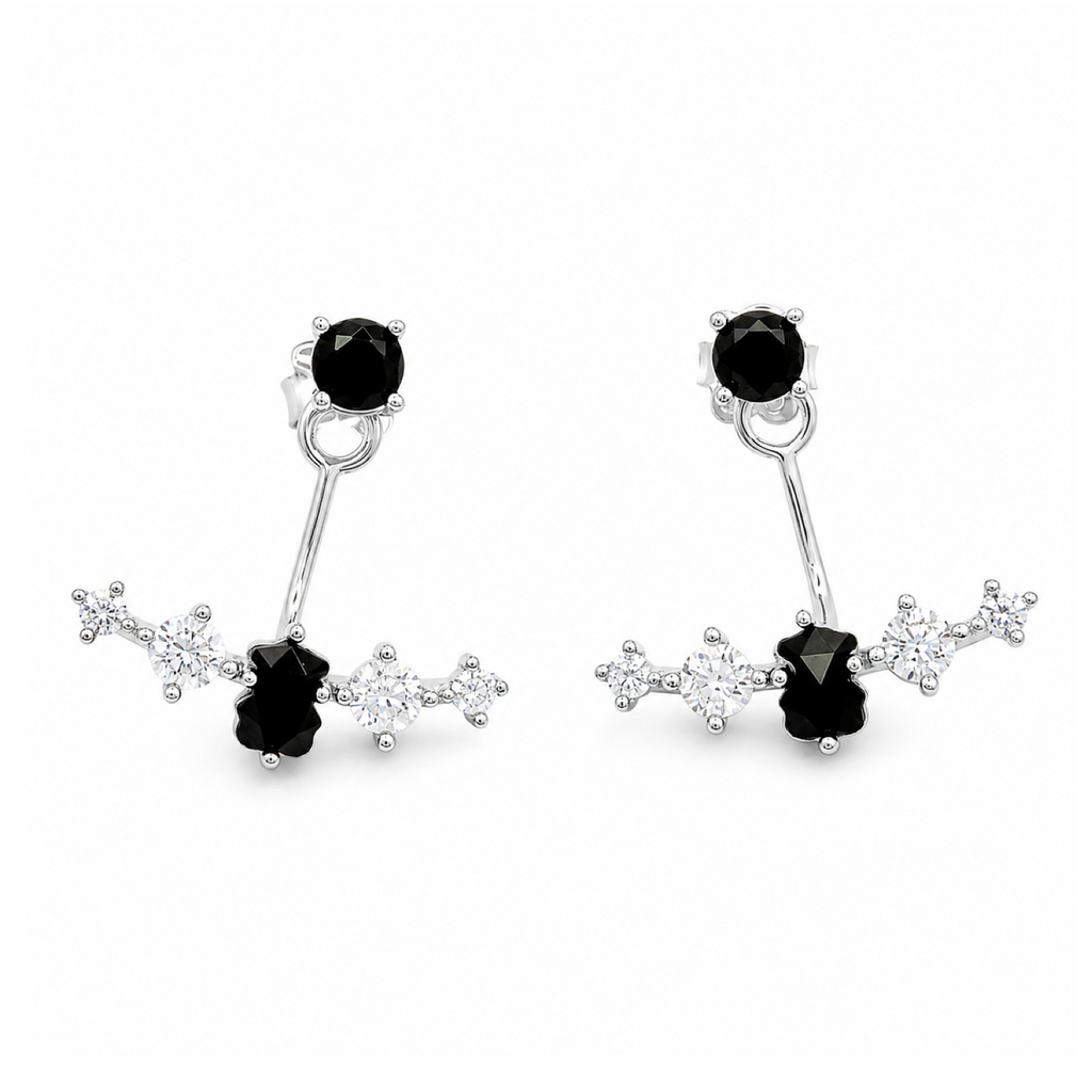 Arete Osos 1.1 Ónix Y Circonias, Doble Uso. Plata 925 Con Baño de Rodio