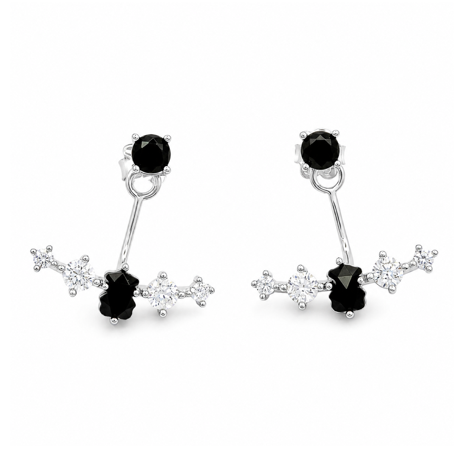 Arete Osos 1.1 Ónix Y Circonias, Doble Uso. Plata 925 Con Baño de Rodio