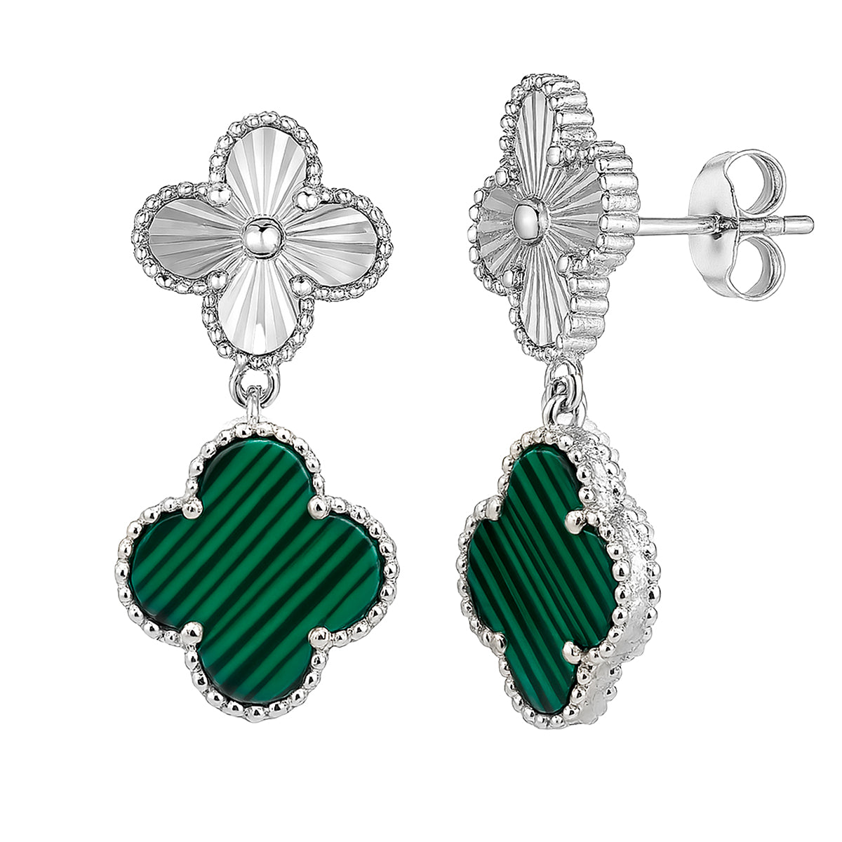 Arete Dos Flores Mediano Inspirado Van C Diamantada con Piedras Naturales Plata .925 con Baño de Rodio