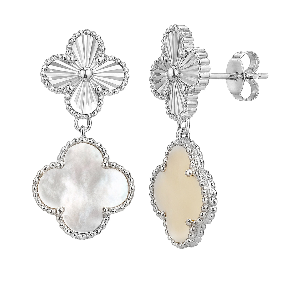 Arete Dos Flores Mediano Inspirado Van C Diamantada con Piedras Naturales Plata .925 con Baño de Rodio