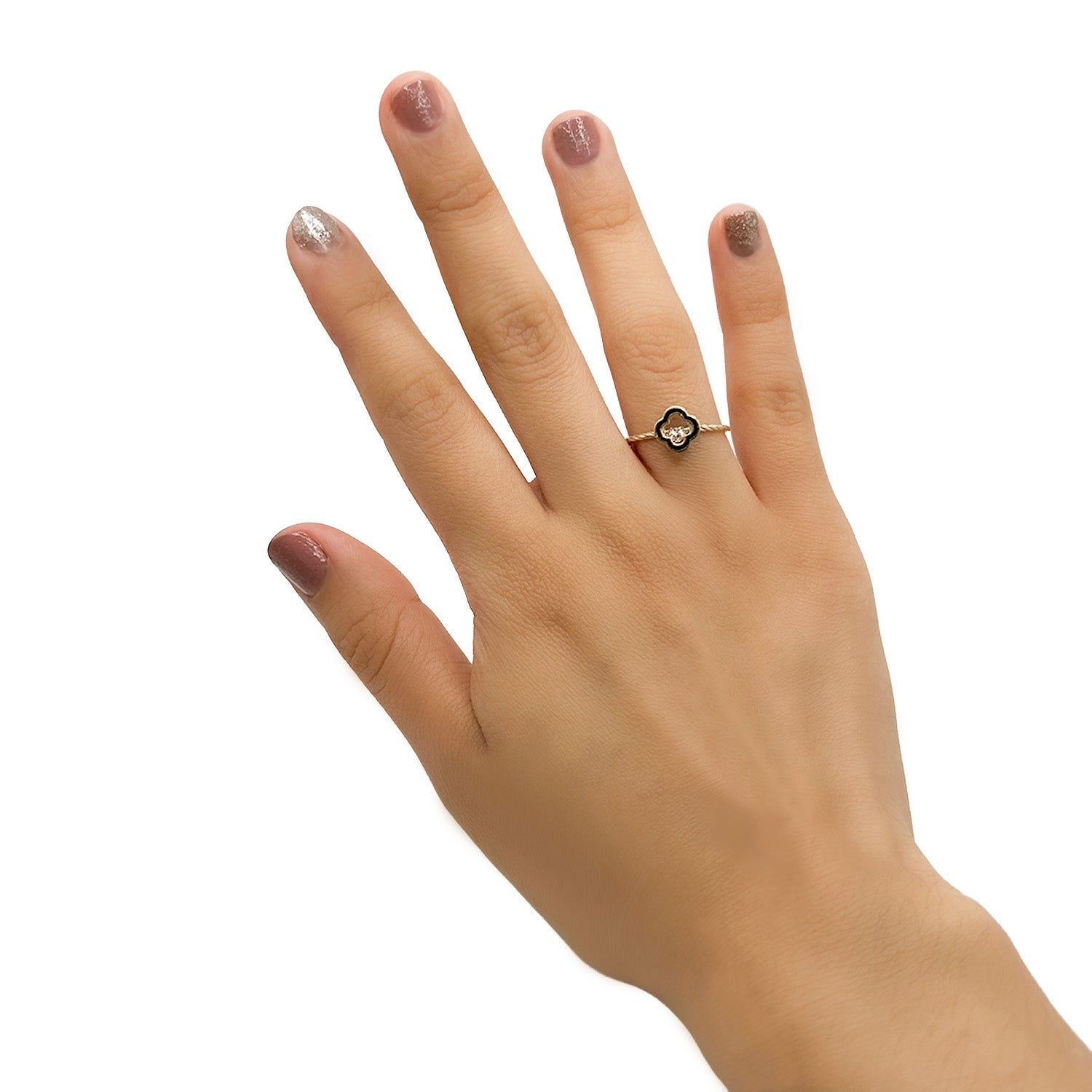 Anillo Flor Van C Negro con Circonia Movible Oro 10K