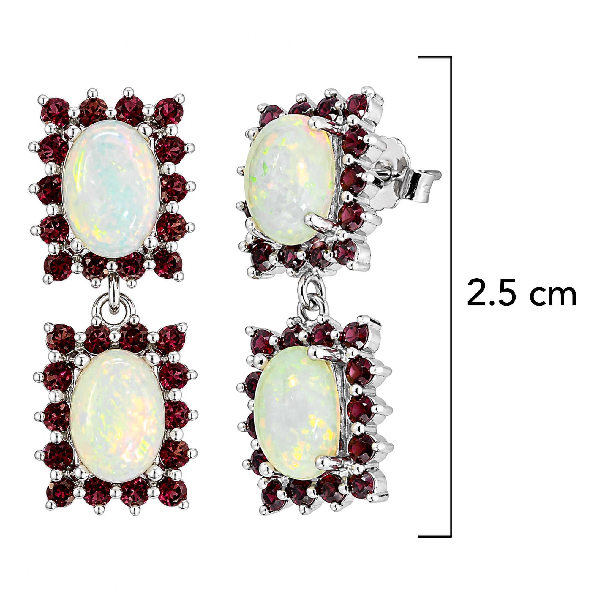 Aretes Piedras Preciosas Doble Ópalo de Etiopía con Granate Rojo, Plata .925 con Baño de Rodio