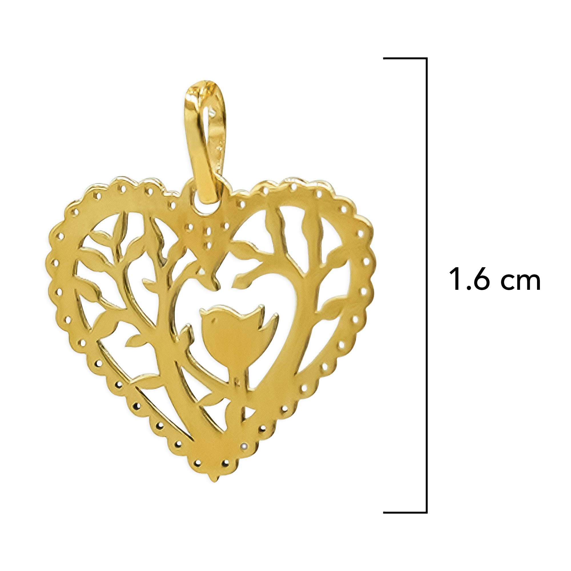 Dije Corazón Calado con Árbol de la vida y Pajarito Oro 10K