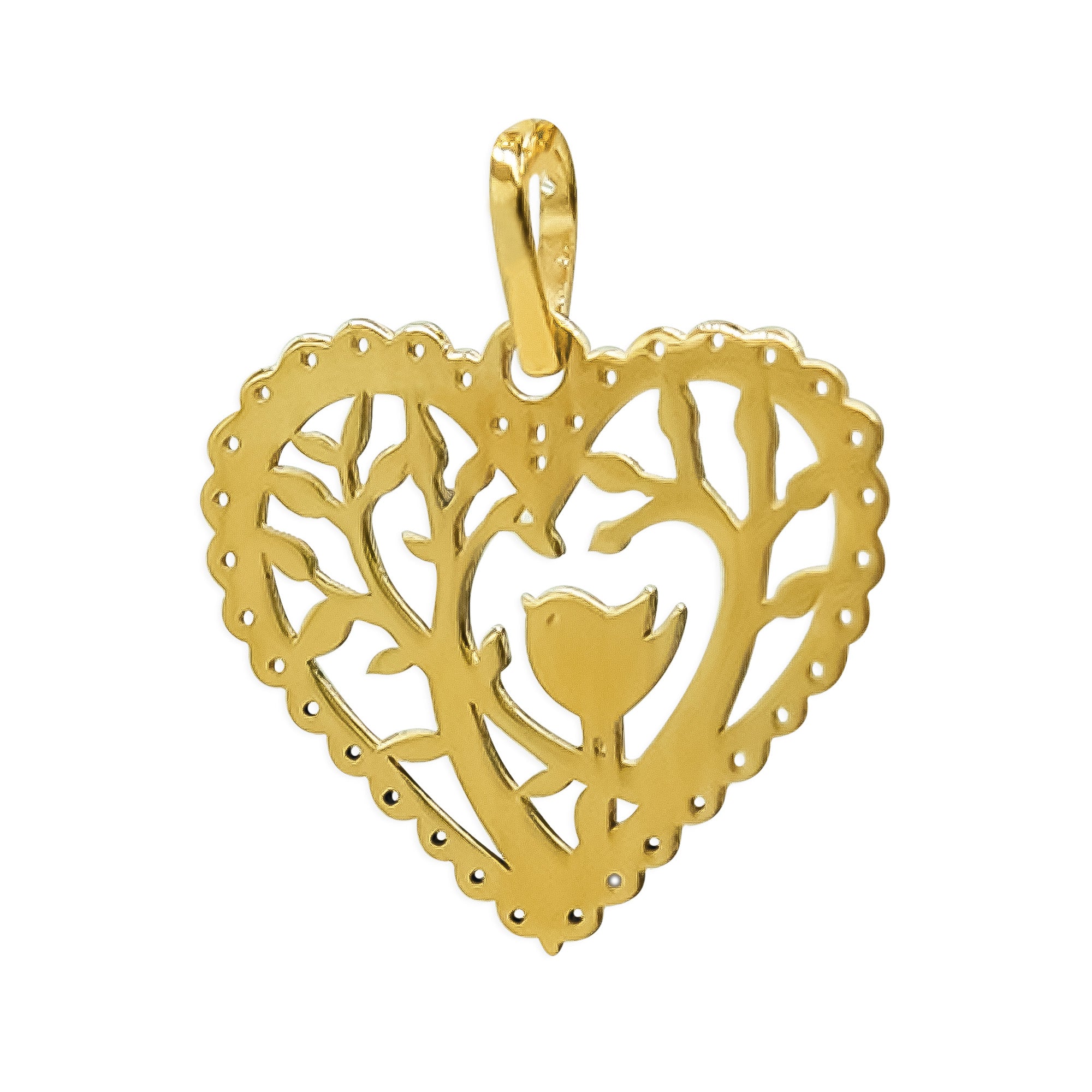 Dije Corazón Calado con Árbol de la vida y Pajarito Oro 10K