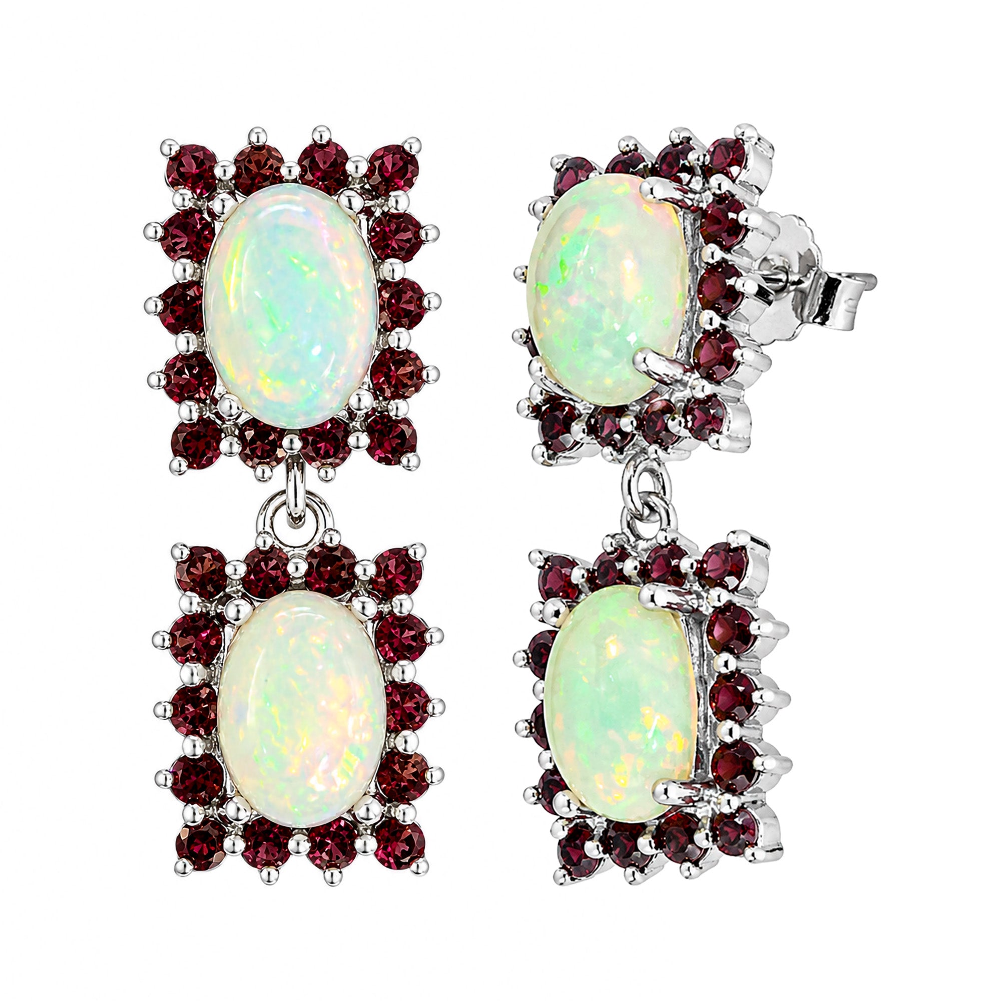 Aretes Piedras Preciosas Doble Ópalo de Etiopía con Granate Rojo, Plata .925 con Baño de Rodio