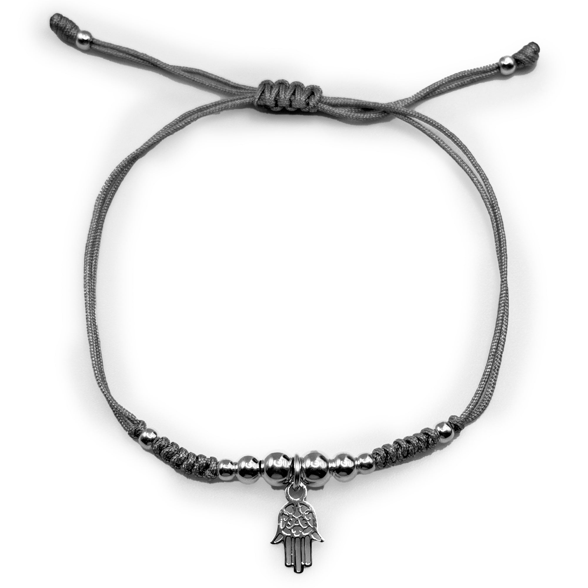 Pulsera Ajustable de Hilo Gris con Mano de Fatima Plata .925