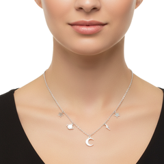 Collar Dijes Lisos con Luna y Estrella con Cadena Eslabones Plata .925