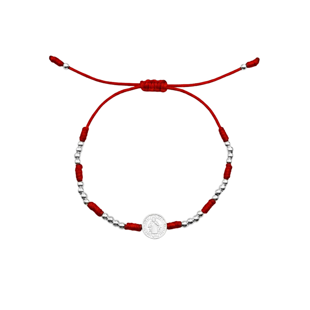 Pulsera de Hilo Rojo con Bolitas Lisas y Dije de San Benito Plata .925