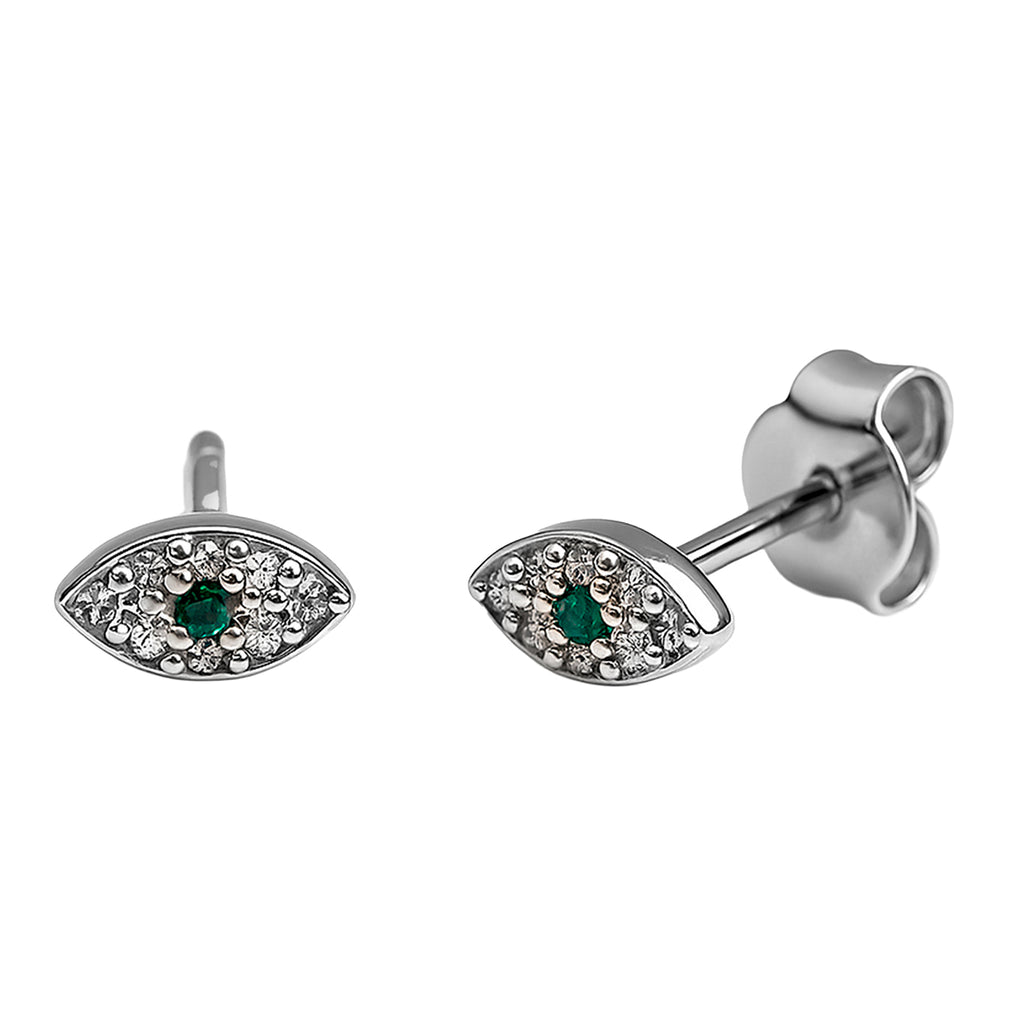 Arete Broquel Ojo Turco Chico con Micro Circonias y Circonia Verde Plata .925 con Baño de Rodio