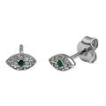 Arete Broquel Ojo Turco Chico con Micro Circonias y Circonia Verde Plata .925 con Baño de Rodio