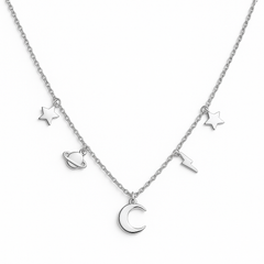 Collar Dijes Lisos con Luna y Estrella con Cadena Eslabones Plata .925
