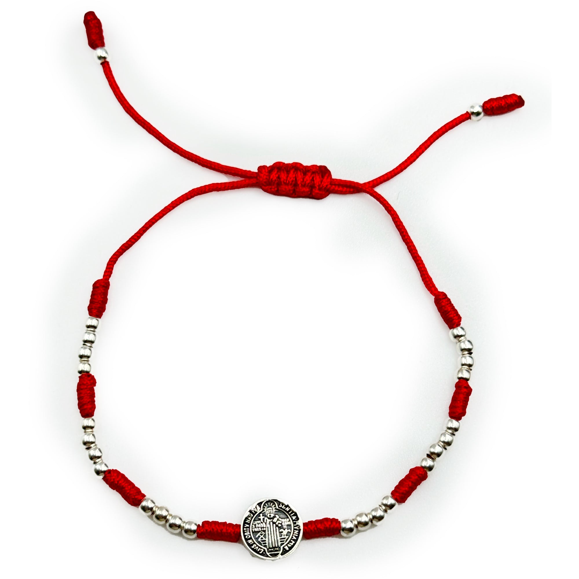 Pulsera de Hilo Rojo con Bolitas Lisas y Dije de San Benito Plata .925