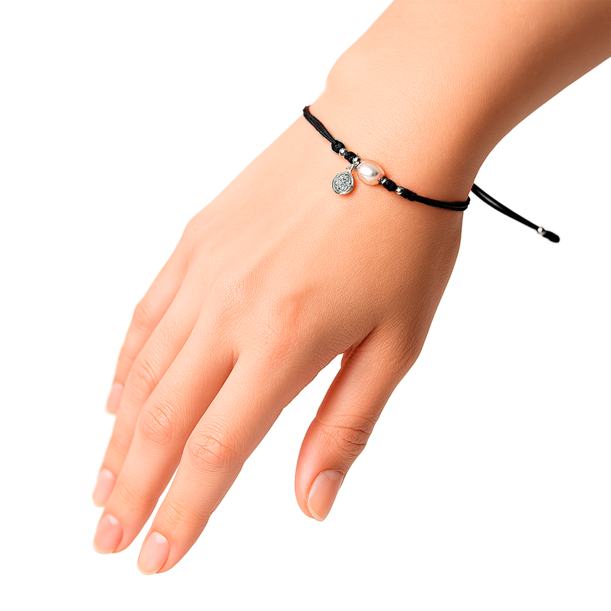 Pulsera Ajustable de Hilo con Perla Natural y Dije de San Benito Plata .925