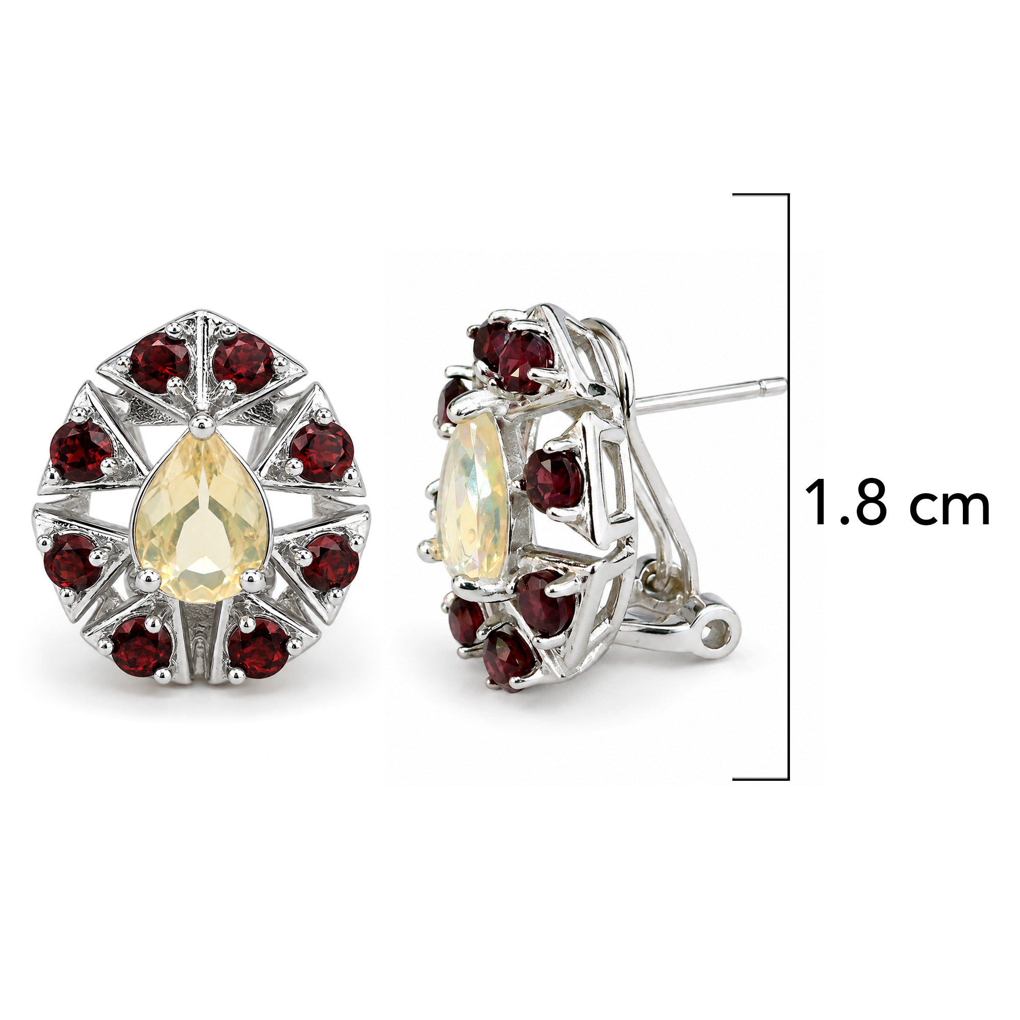 Aretes Piedras Preciosas Ópalo de Etiopía en Gota con Granate y Broche Francés, Plata .925 con Rodio