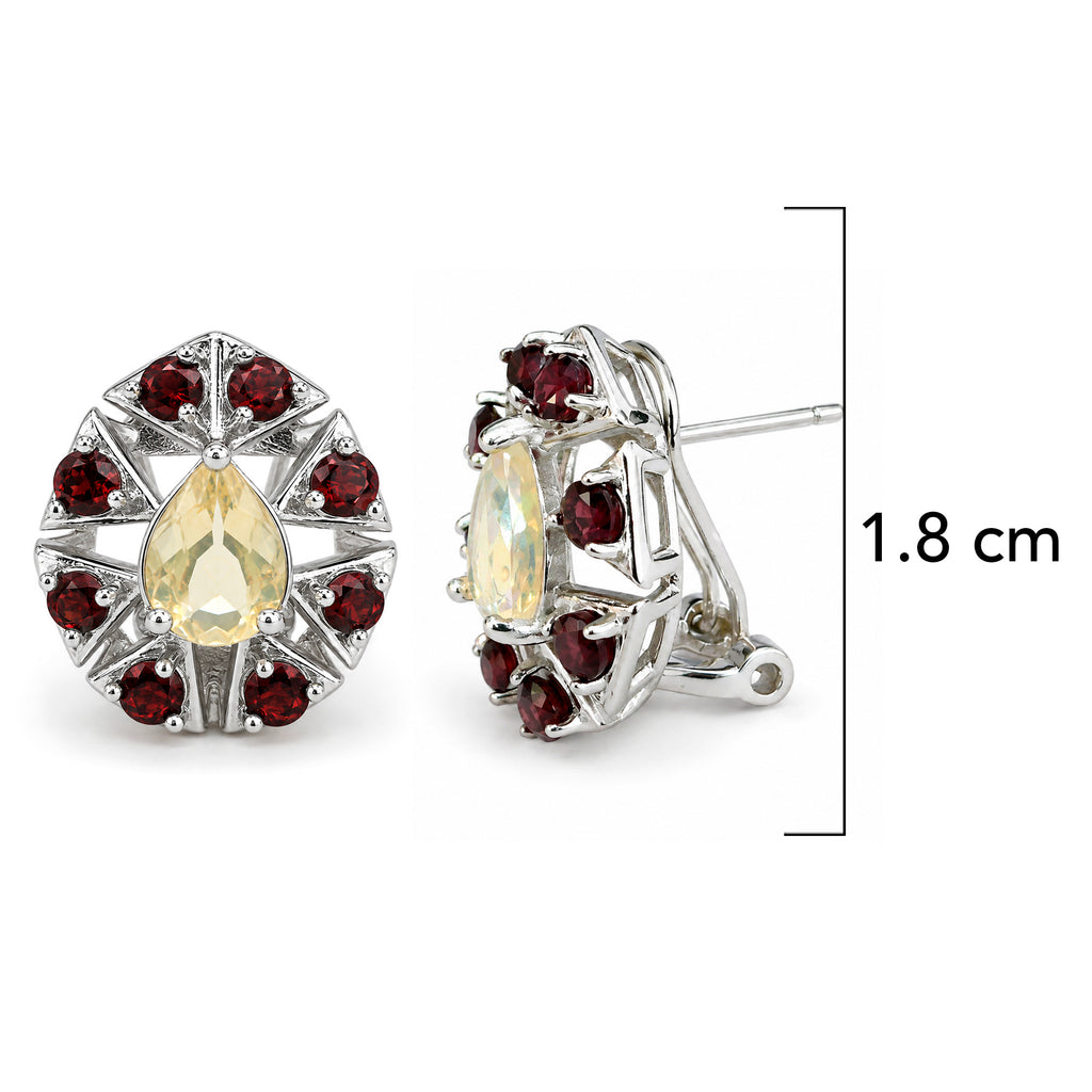 Aretes Piedras Preciosas Ópalo de Etiopía en Gota con Granate y Broche Francés, Plata .925 con Baño de Rodio