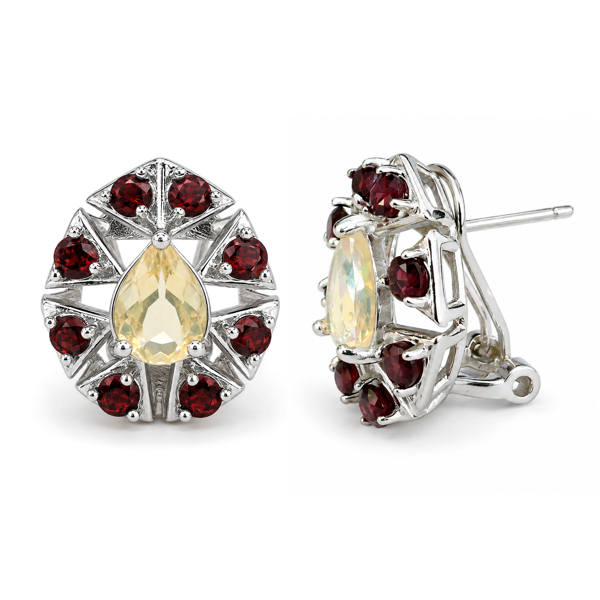Aretes Piedra Preciosa Ópalo de Etiopía en Gota con Granate y Broche Francés, Plata .925 con Baño de Rodio